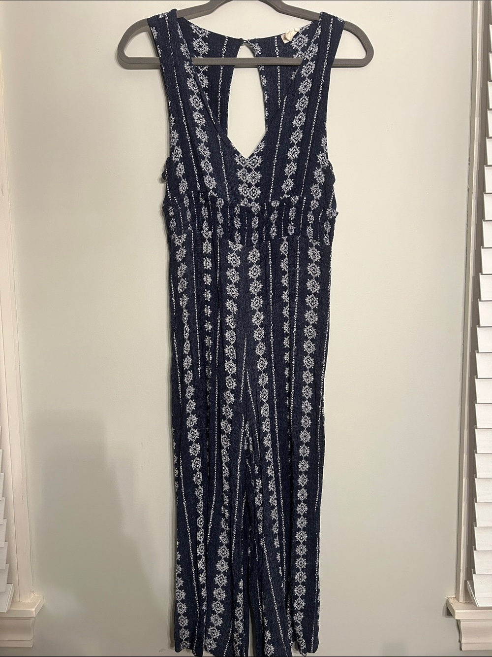 Hem & Thread Navy Blue and White Printed Sleeveless Jumpsuit